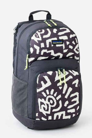 The Rip Curl Chaser 33L Backpack is a fashionable black backpack adorned with white abstract designs on the front pocket and lime green zipper pulls. Crafted from recycled polyester, it offers a 33-liter capacity, featuring a top handle and side mesh pockets for extra convenience.