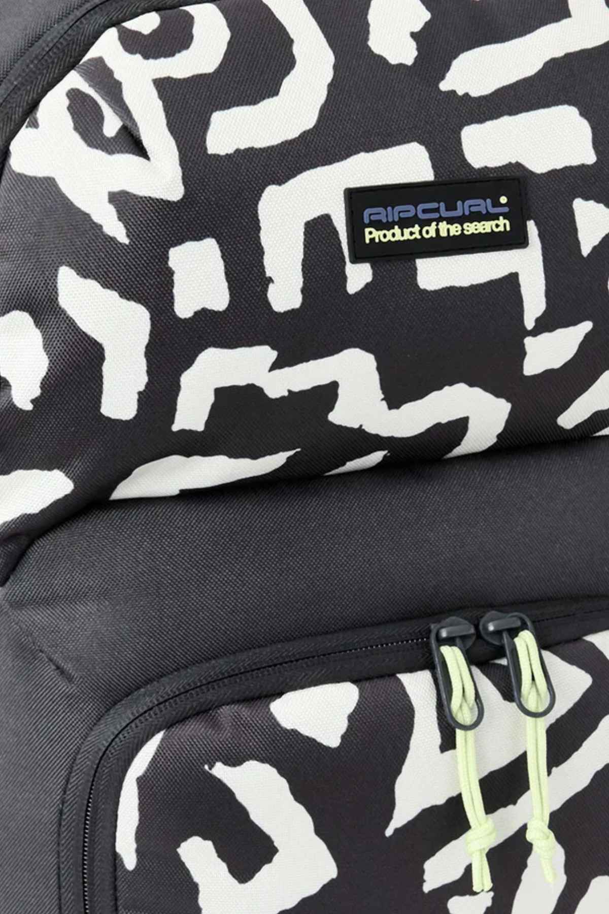 The Rip Curl Chaser 33L Backpack is a black backpack adorned with a white abstract pattern. Crafted from recycled polyester, it includes a "Product of the search" logo patch on the upper section and a front pocket equipped with two light-colored zipper pulls.