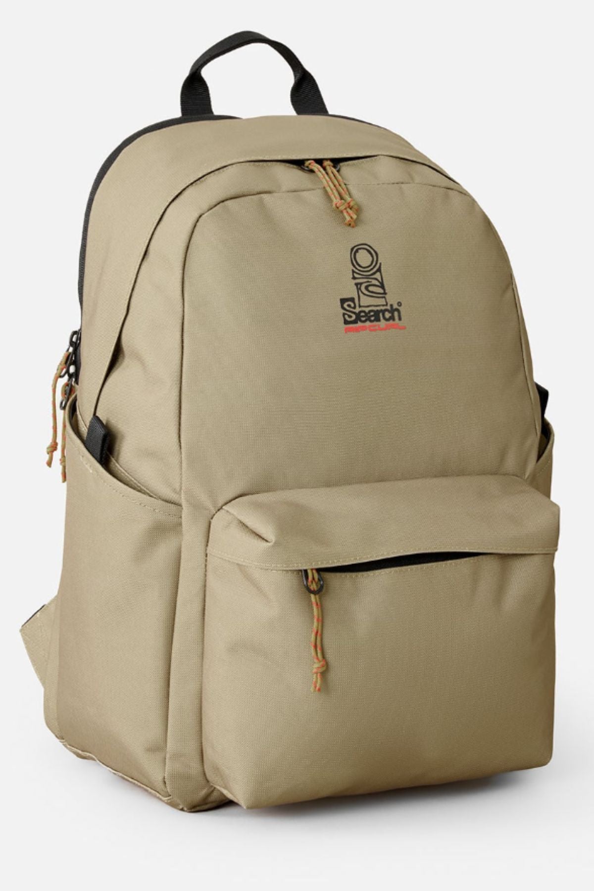 The Rip Curl Crusha 30L Search Backpack in khaki features front and side pockets, black zippers and handle, plus a small "Search" logo. Ideal for daily use or as a stylish laptop backpack.