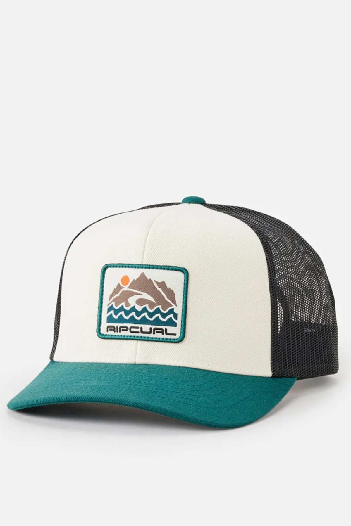 The Rip Curl Custom Curve Trucker is a stylish black mesh hat with a white front panel and teal brim. It features a patch with a mountain, sun, and wave design above the "RIP CURL" text, making it an eye-catching accessory.