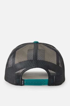 The Rip Curl Custom Curve Trucker cap features a back view of black mesh and a teal adjustable snapback. Its semi-transparent panels provide a sleek touch, while the small logo on the left adds signature style. This staple accessory delivers both comfort and flair.