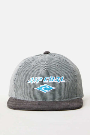 The Rip Curl Diamond Adj Cap is a gray 11-wale cord baseball cap with a dark brim, featuring an embroidered logo and blue wave emblem on the front.