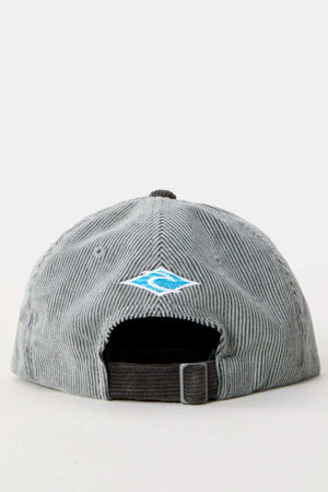 The Rip Curl Diamond Adj Cap in gray 11 wale cord fabric is shown from the back, featuring a small blue and white wave logo embroidered above the adjustable strap.