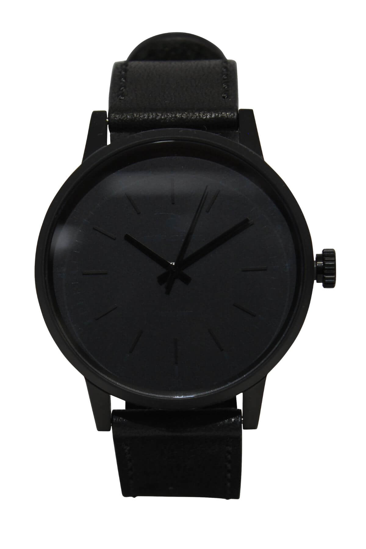 The Rip Curl Drake Midnight Leather Watch, with a minimalist design, features a black leather strap and dial, subtle hour markers, no numerals, and is shown on a white background.