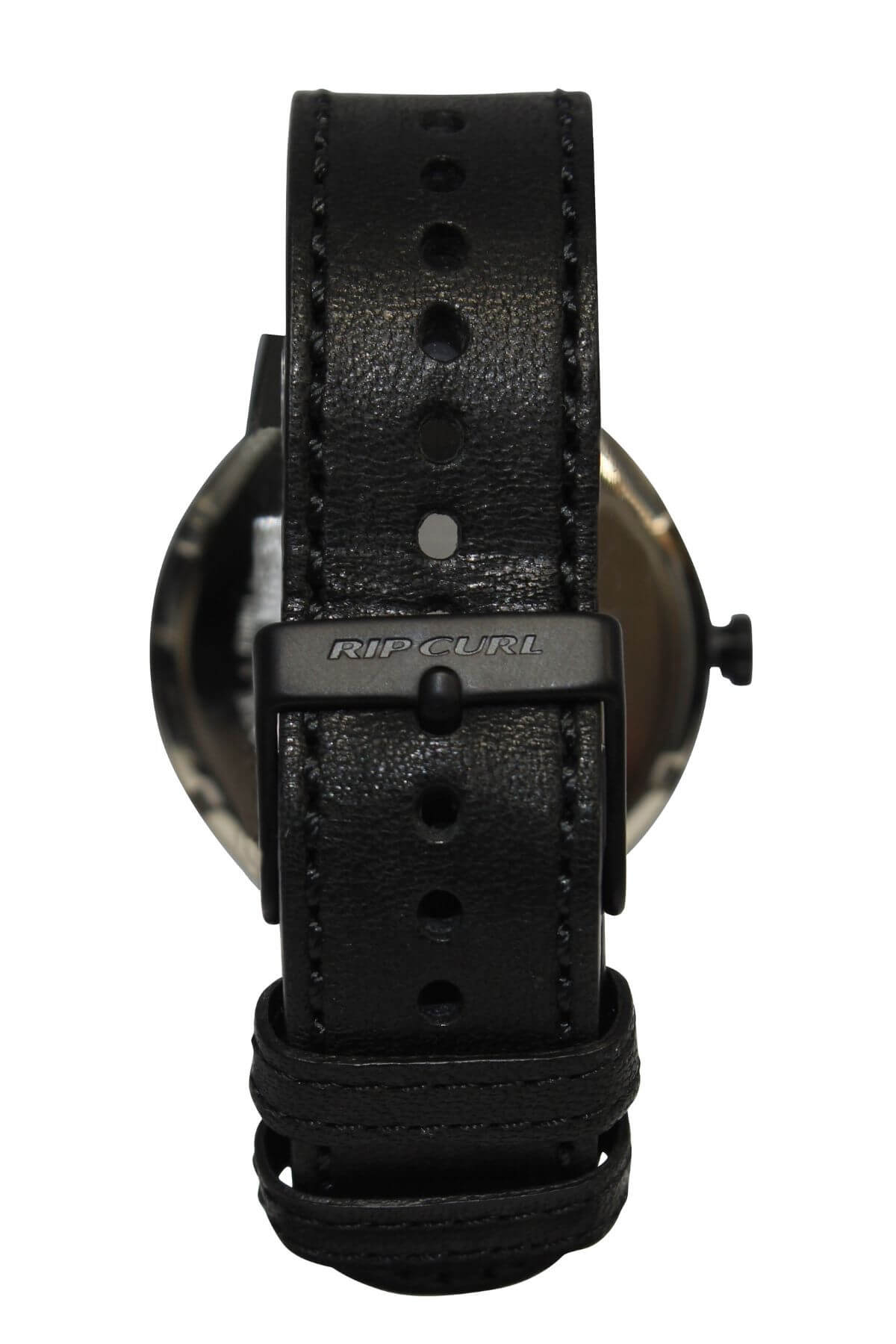 Back view of the Rip Curl Drake Midnight Leather Watch with a black leather strap featuring multiple adjustment holes and a metal buckle stamped "RIP CURL." The watch face peeks out behind the strap—ideal for those wanting a stylish waterproof watch.