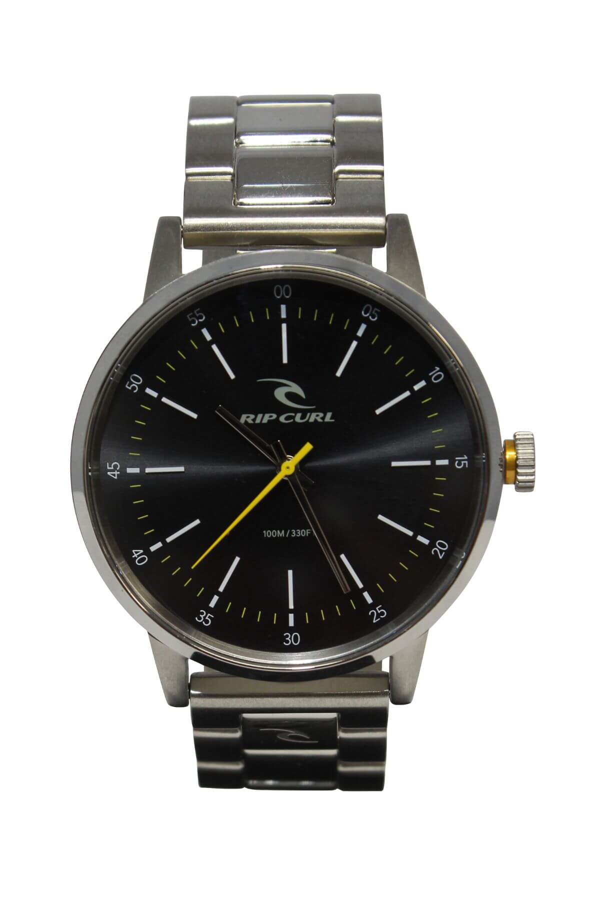 A Rip Curl Drake SSS Watch with a black face, white hour markers, yellow second hand, and a marine-grade stainless steel band stands upright on a white background.