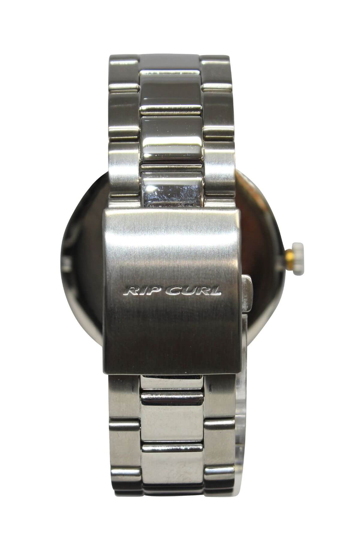 The Rip Curl Drake SSS Watch is displayed from the back, highlighting its marine-grade stainless steel clasp and band links, with the Rip Curl name engraved on the clasp.