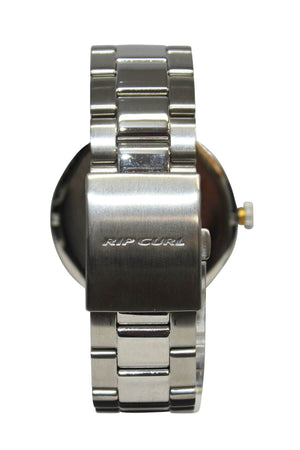 The Rip Curl Drake SSS Watch is displayed from the back, highlighting its marine-grade stainless steel clasp and band links, with the Rip Curl name engraved on the clasp.