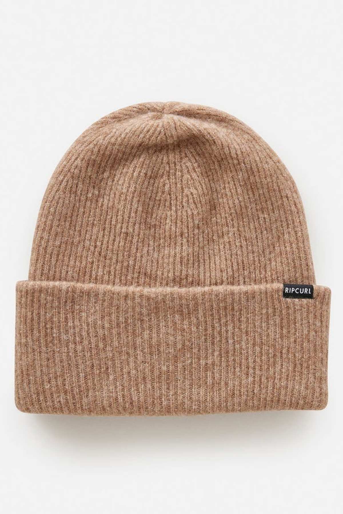 The Rip Curl Eclipse Tall Beanie is a ribbed, light brown acrylic knit with a folded brim and small black side label, shown on a white background—an ideal addition to any winter wardrobe.