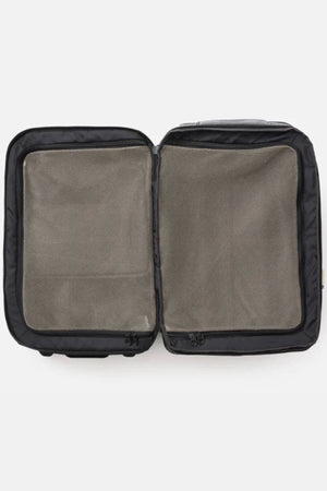 An open black Rip Curl F-Light 45L Classic Surf Transit Bag is shown on a plain background. It offers two large main compartments lined with light gray fabric, including mesh zippered covers for organization. This eco-friendly design utilizes recycled polyester for sustainable travel.