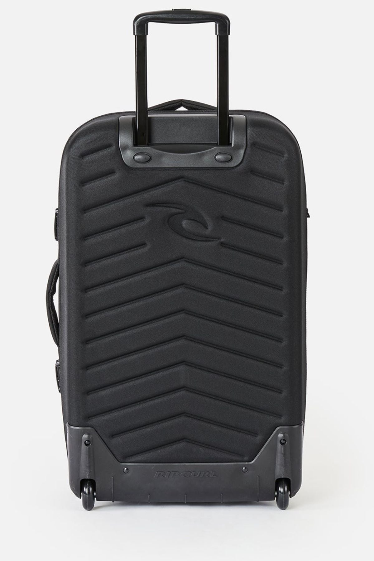 The Rip Curl F-Light Global 100L Bossa Nova is a black rolling suitcase featuring a chevron-textured front, extended telescopic handle, two wheels, and an AirTag sleeve—ideal for tracking your check-in bag on any trip.