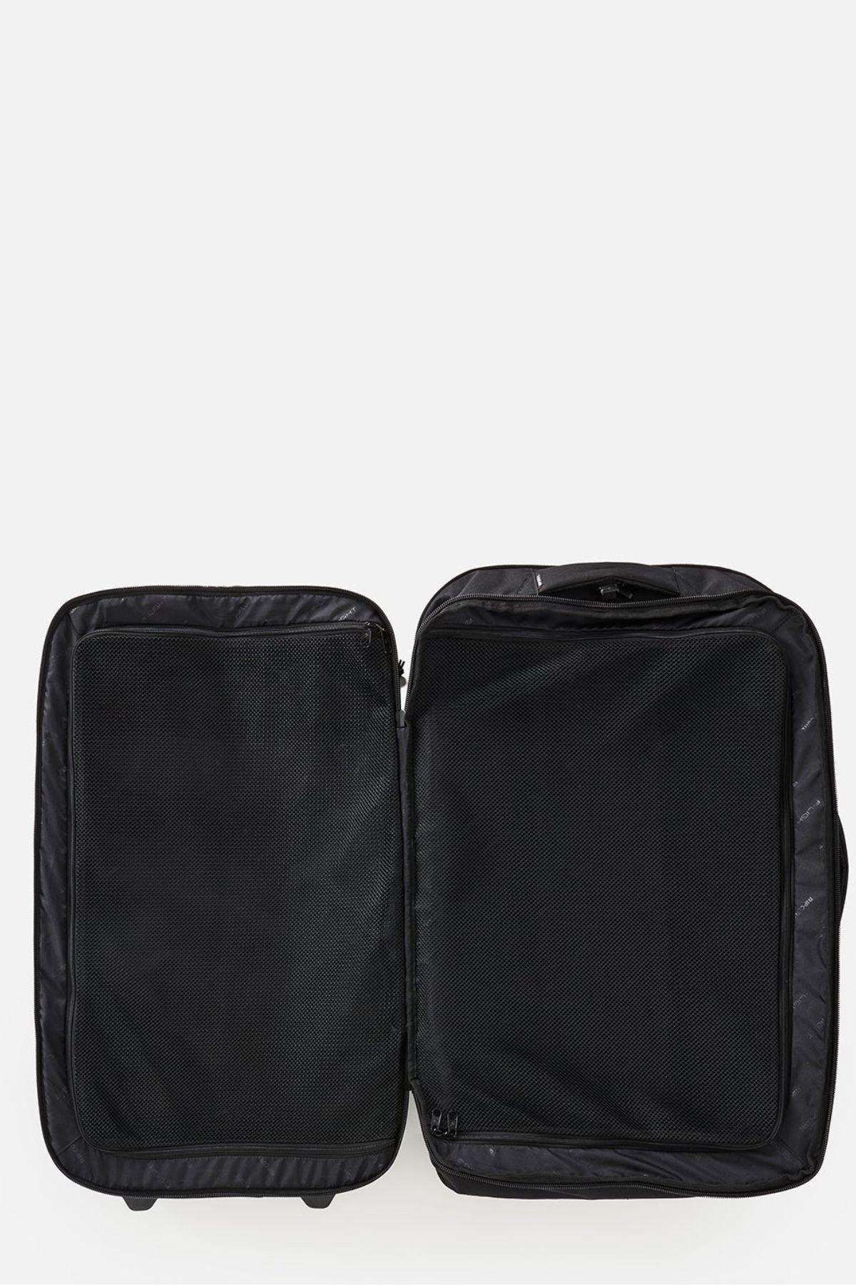 The Rip Curl F-Light Global 100L Bossa Nova, an open black check-in suitcase with two spacious compartments and zippered mesh covers, is displayed on a plain white background.