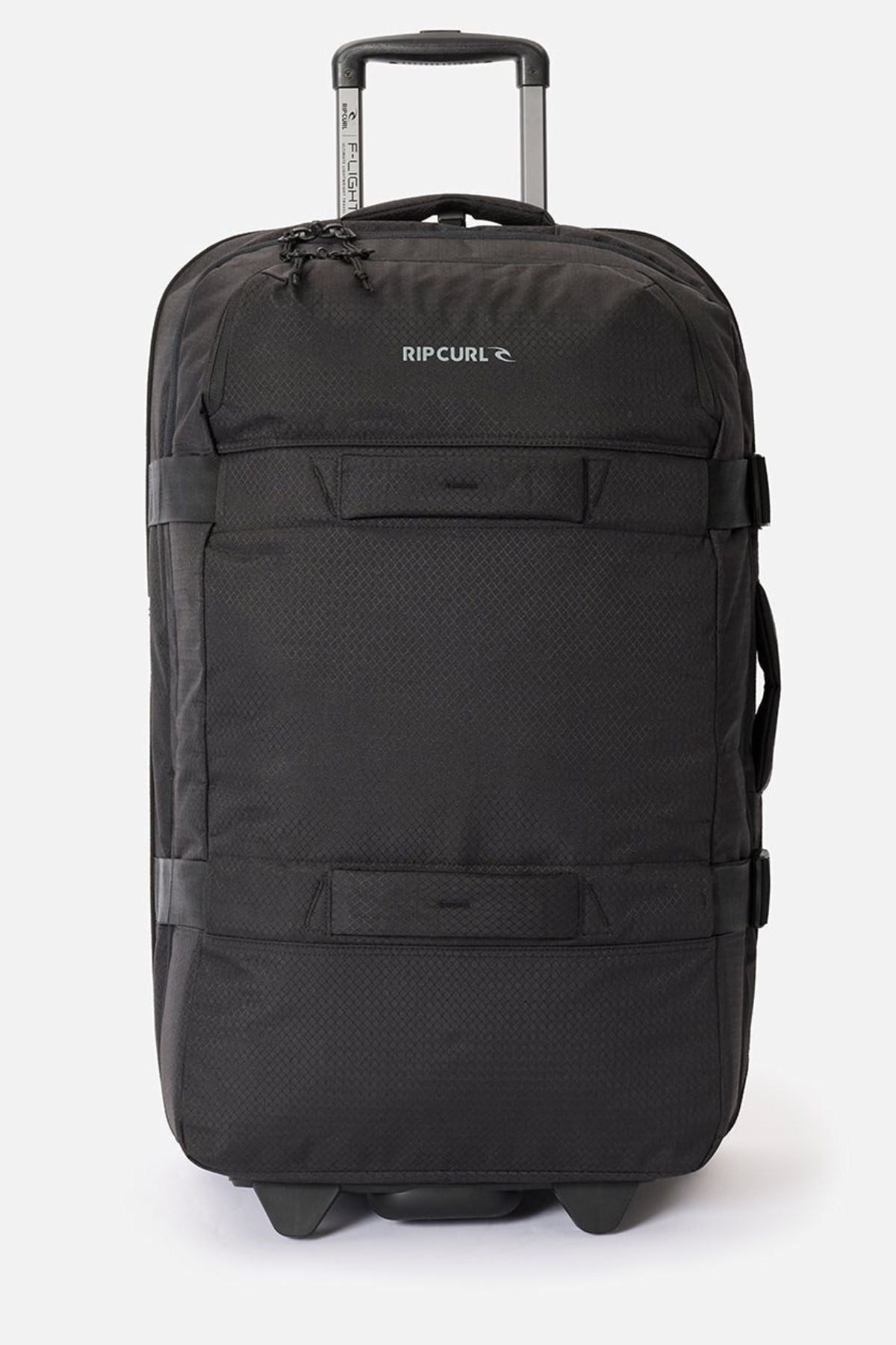 The Rip Curl F-Light Global 100L is a large black check-in suitcase with a telescopic handle, front logo, multiple zippers and straps, plus a built-in AirTag sleeve for easy tracking.