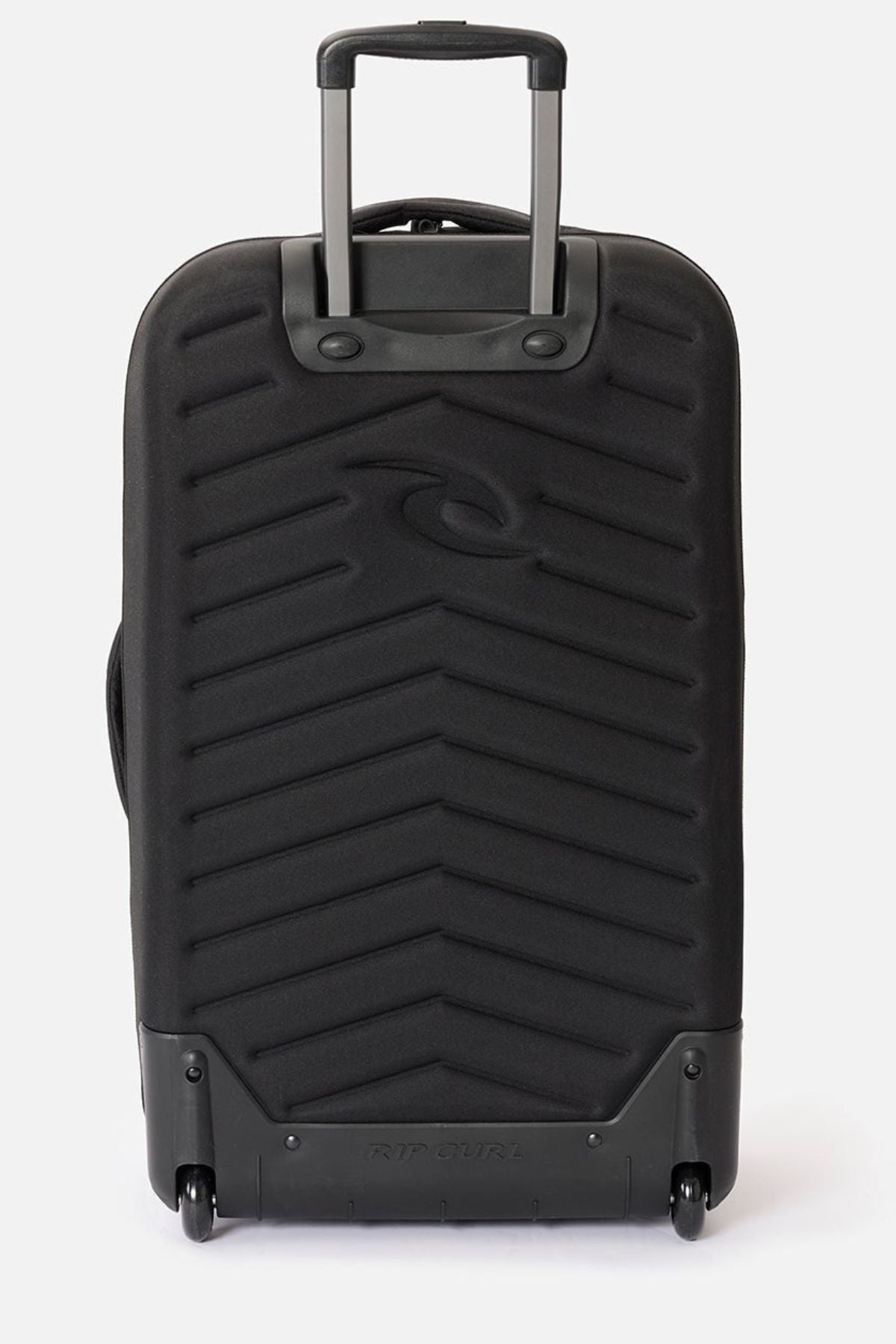 The Rip Curl F-Light Global 100L is a black hard-shell roller bag with a telescopic handle, two wheels, diagonal textured lines, an embossed Rip Curl logo, and a built-in AirTag sleeve for extra travel security.