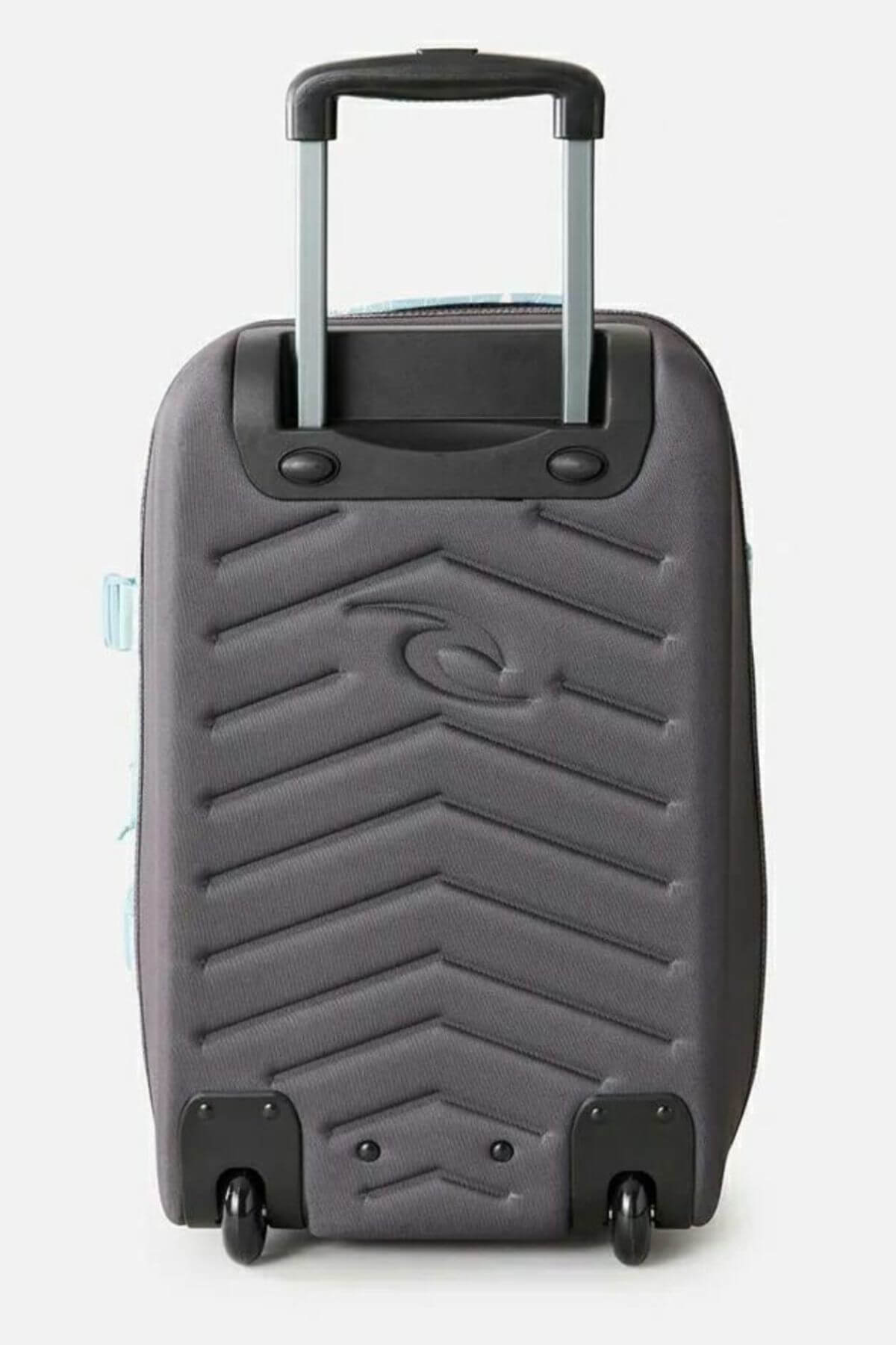The Rip Curl F-Light Transit 50L Sessions Travel Bag features a gray, chevron-patterned hard shell, an extended telescopic handle, two black wheels, and a spacious 50L capacity for convenient storage.