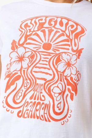 The Rip Curl High Tide Psychic Standard Tee is a white t-shirt designed with a bold orange graphic that showcases a stylized sun, waves, flowers, and the text "Rip Curl The Search." Made from soft cotton jersey fabric, it offers a standard fit. The retro, psychedelic vibe is emphasized by curving text and flowing lines.