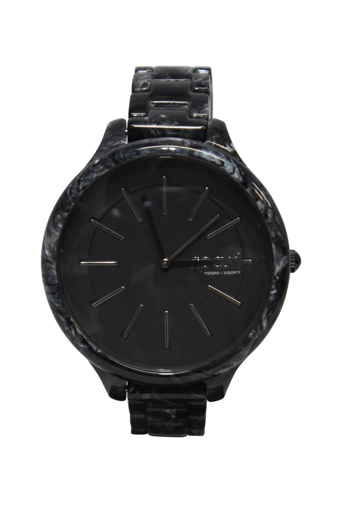 The Rip Curl Horizon Acetate Watch features Swiss Parts, a round black analog face with silver hour markers and hands on a marbled case and band. Its metallic design combines style and durability with a water resistance of 100m/330ft.