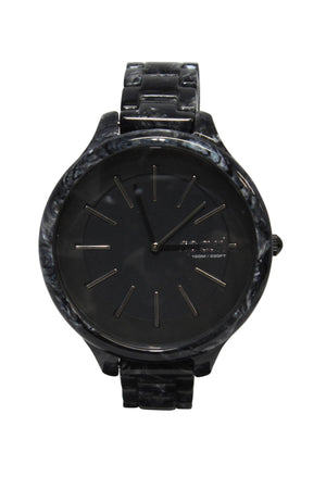 The Rip Curl Horizon Acetate Watch features Swiss Parts, a round black analog face with silver hour markers and hands on a marbled case and band. Its metallic design combines style and durability with a water resistance of 100m/330ft.