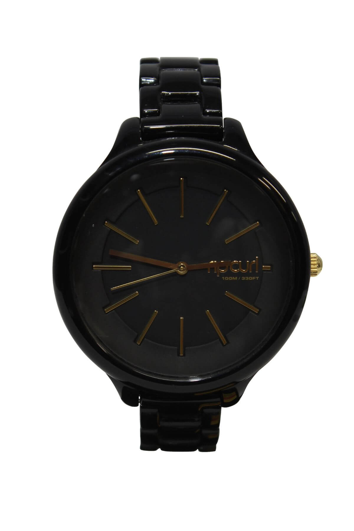 The Rip Curl Horizon Acetate Watch is a black analog wristwatch with a glossy finish, featuring gold hour markers and hands, Swiss Parts jeweled movement, and 100m/330ft water resistance. It includes a matching black strap and a small gold crown.