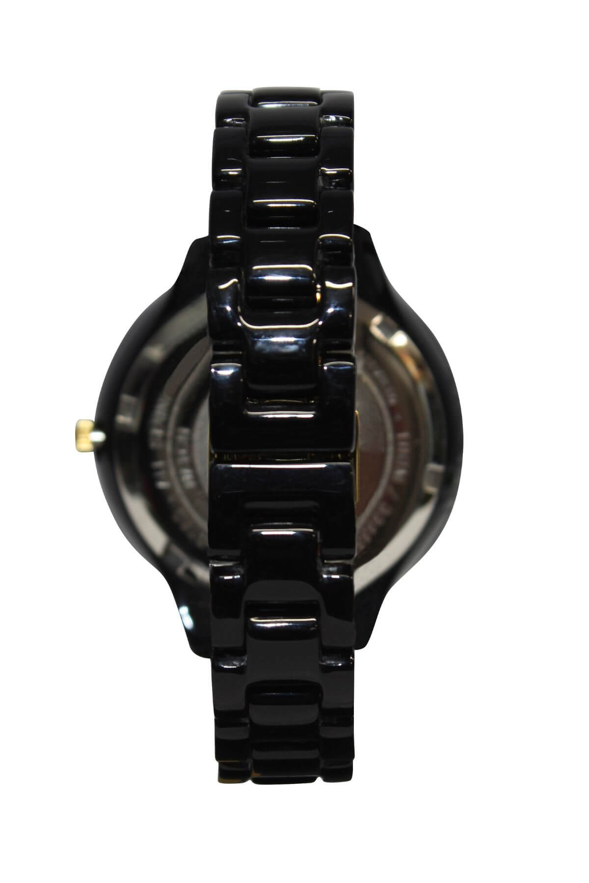 The Rip Curl Horizon Acetate Watch is shown from the back, highlighting its glossy black linked strap, the watch case’s back, and a gold-toned crown—evoking the precision of a Swiss Parts jewelled movement.