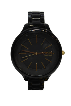 The Rip Curl Horizon Acetate Watch is a black analog wristwatch with a glossy finish, featuring gold hour markers and hands, Swiss Parts jeweled movement, and 100m/330ft water resistance. It includes a matching black strap and a small gold crown.
