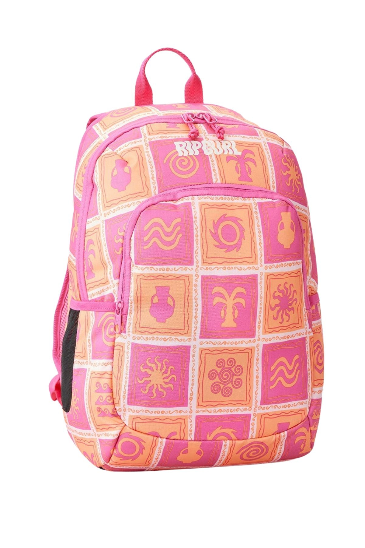 The Rip Curl Ozone 2.0 30L Backpack is a pink and orange school backpack featuring a tile pattern with suns, waves, and plants. Made from recycled fabric, it includes a front pocket and top handle and prominently displays the "Rip Curl" logo on its upper section.