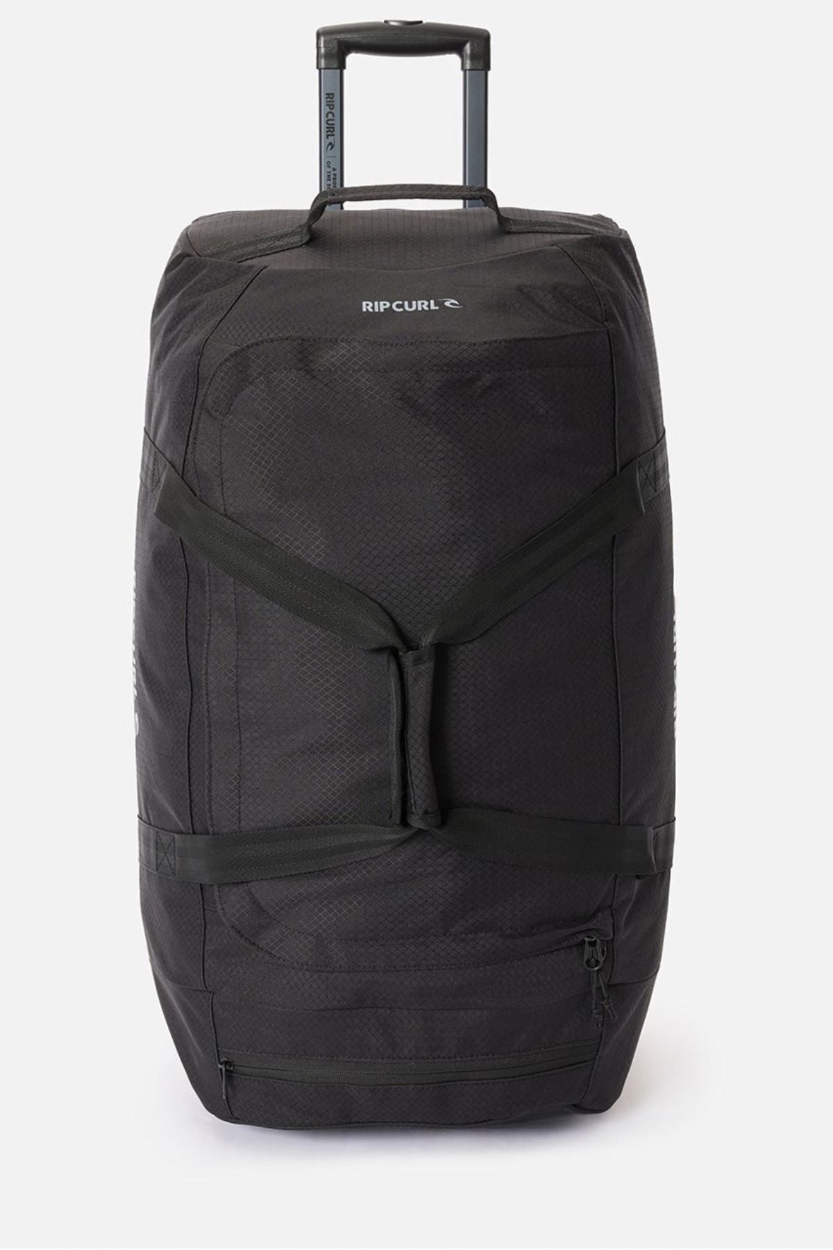 A large black Rip Curl Jupiter 80L travel bag with a telescopic handle, front zip pocket, reinforced handles, and inline skate wheels, shown on a plain white background.