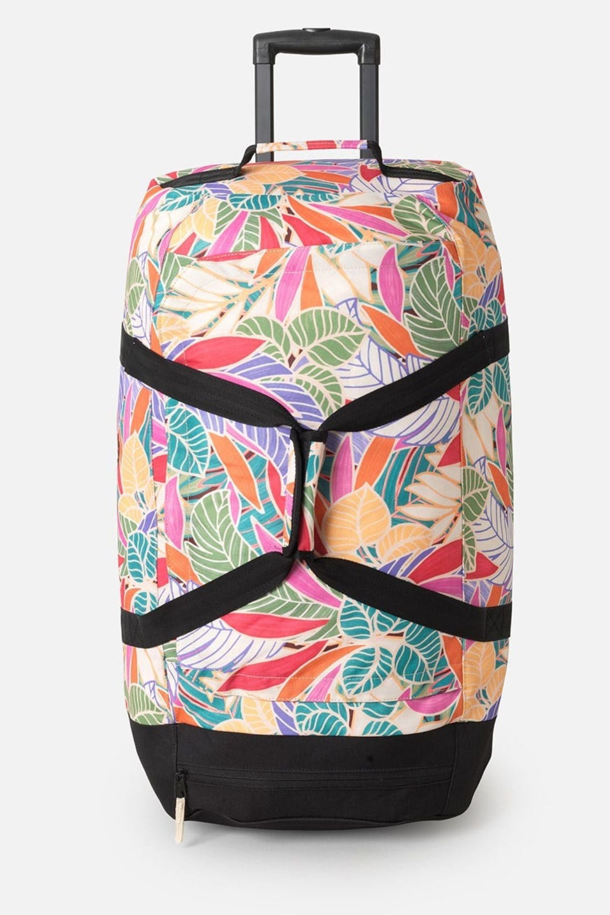 The Rip Curl Jupiter 80L Mixed Travel Bag is a vibrant, wheeled duffel with a tropical leaf pattern in pink, orange, green, and blue. Made of recycled polyester, it features black handles, a zippered compartment, sturdy black base, and telescopic handle for easy transport.