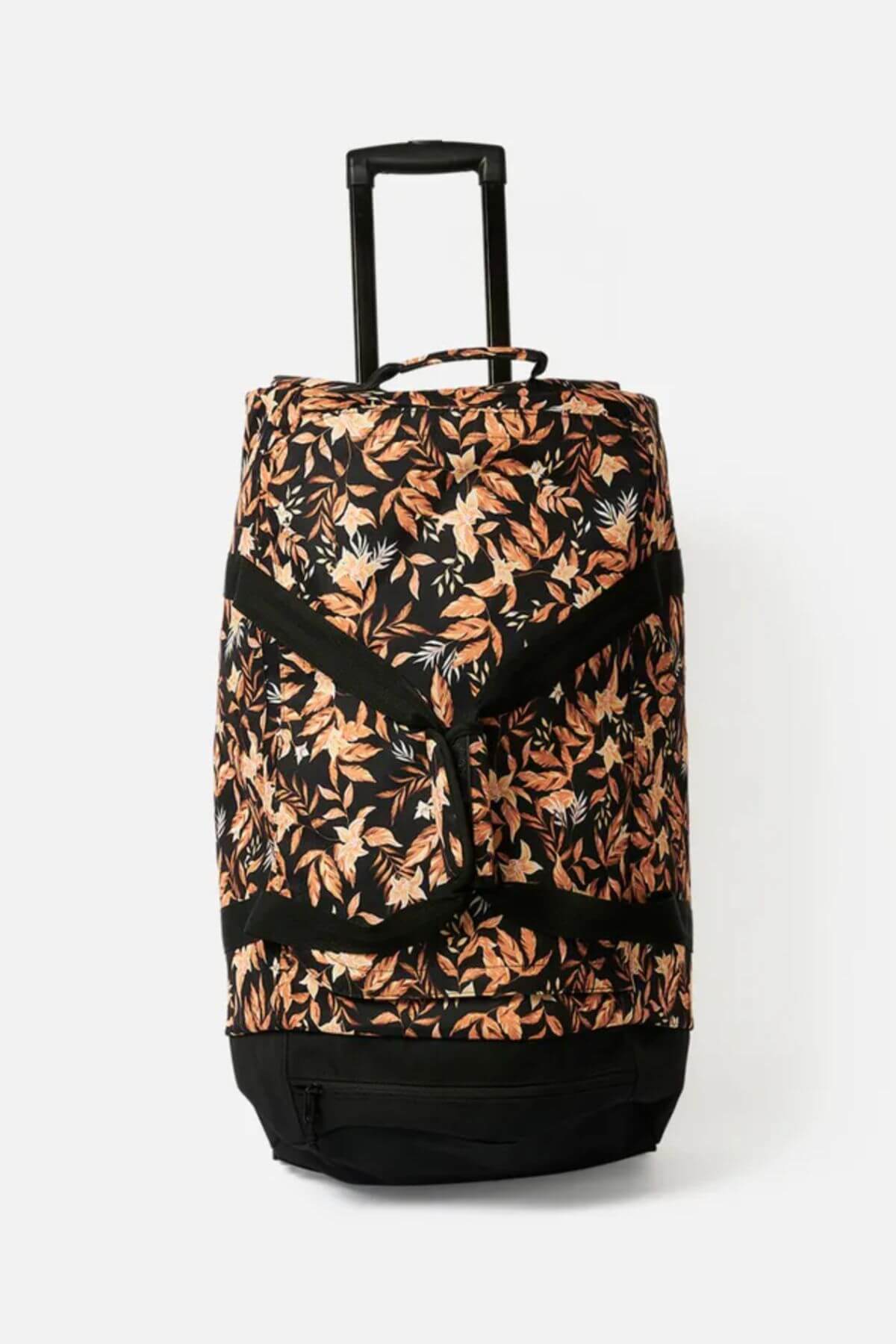 The Rip Curl Jupiter 80L Travel Bag is a large rolling duffel with a black base and brown/beige tropical leaf pattern. It features a durable black handle for easy pulling, and is crafted from soft, flexible recycled polyester.