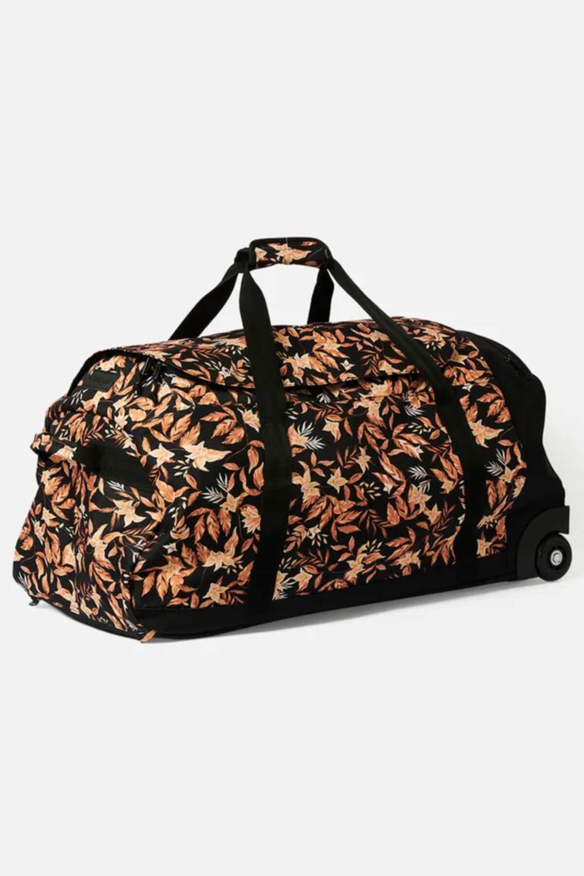 The Rip Curl Jupiter 80L Travel Bag is a wheeled duffel with black straps and an autumn leaf pattern in brown and beige shades. Made from recycled polyester, it features a retractable handle and sturdy wheels for easy transport on adventures.