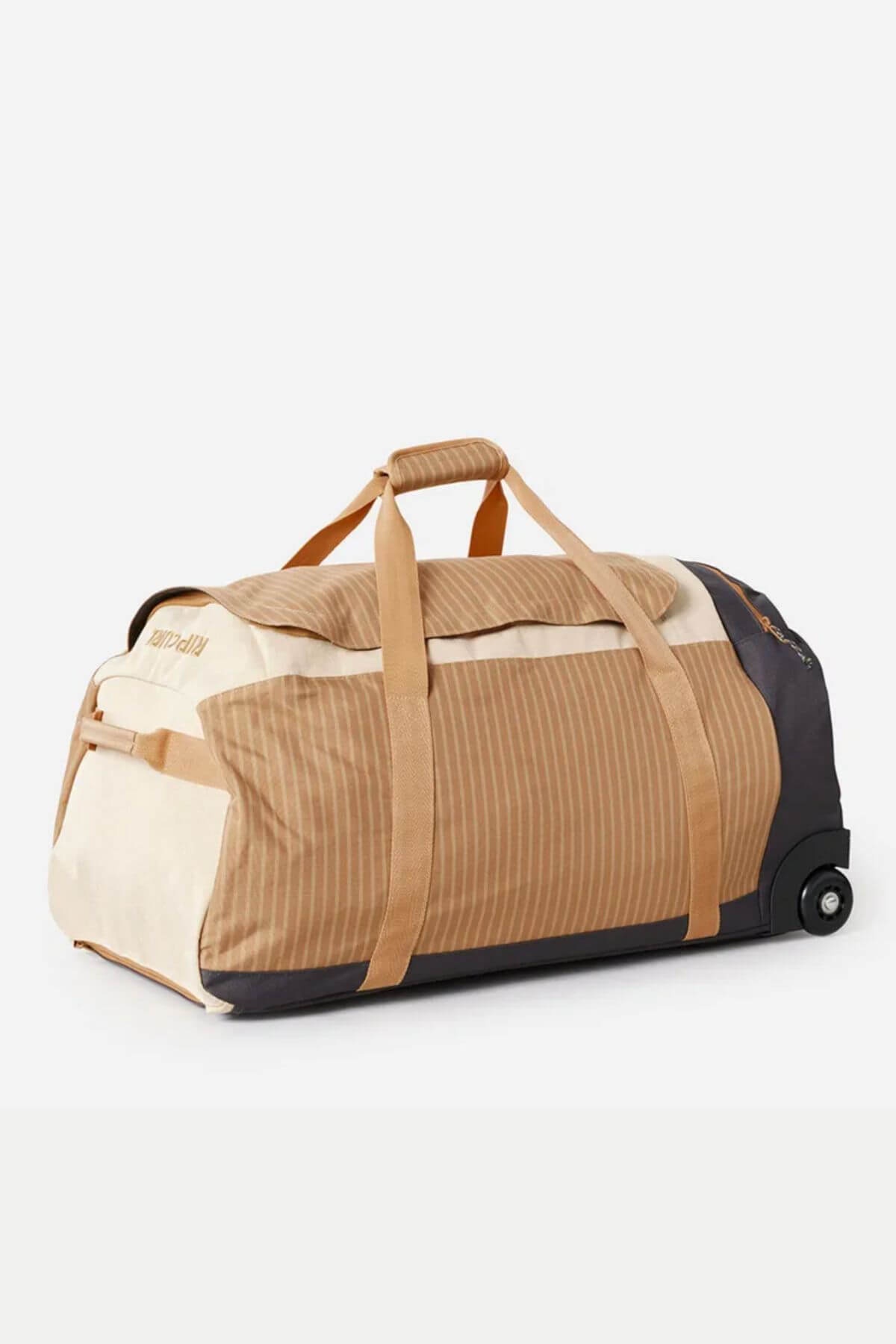 The Rip Curl Jupiter 80L Travel Bag is a beige and brown rolling duffle bag with wheels, a retractable handle, striped details, and multiple straps for easy carrying. It's crafted from water-resistant ripstop material.