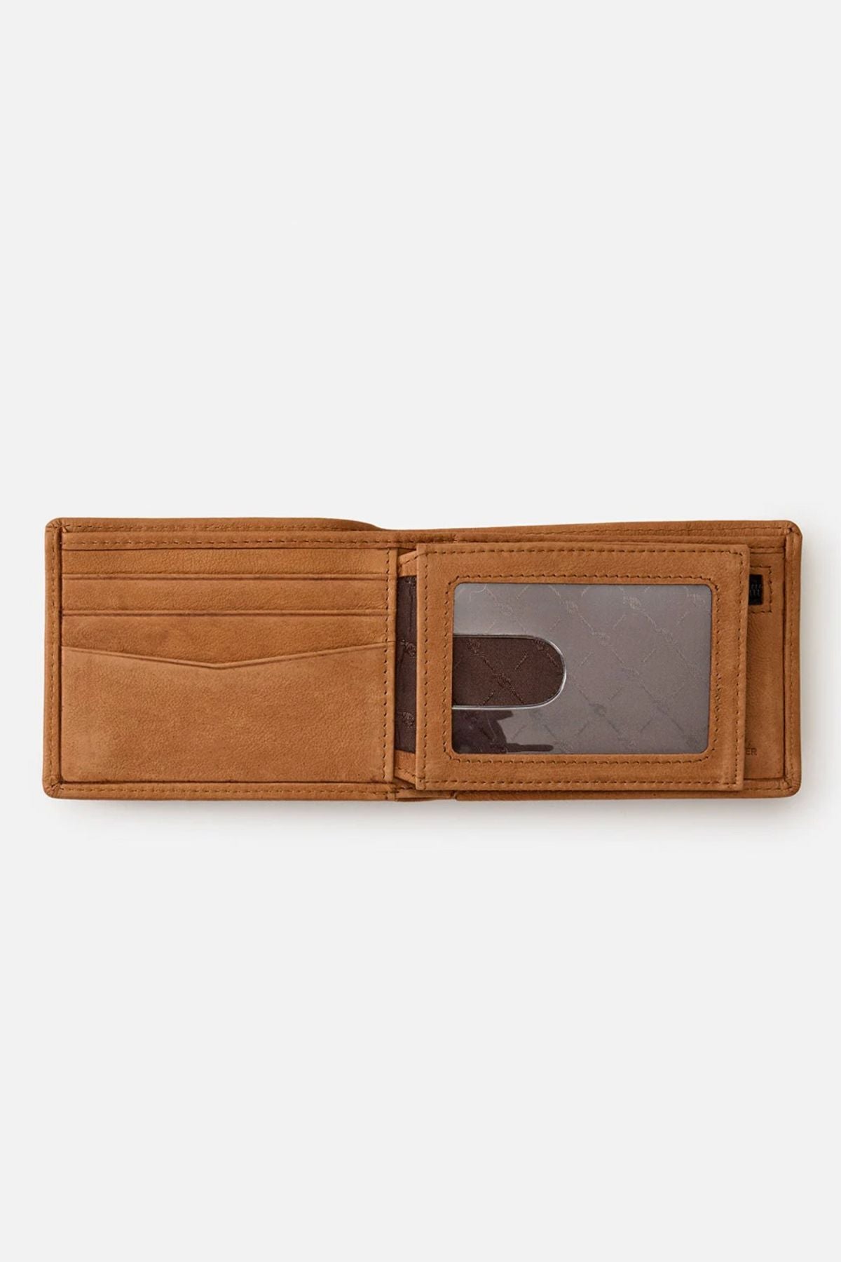 The Rip Curl K-Roo RFID Slim Wallet is shown open on a white background, featuring multiple card slots on the left and a transparent ID window with a card on the right.