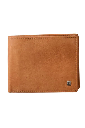 The Rip Curl K-Roo RFID 2 in 1 Wallet is a tan leather slim card holder with visible edge stitching and a small metal logo at the bottom right, shown against a white background.