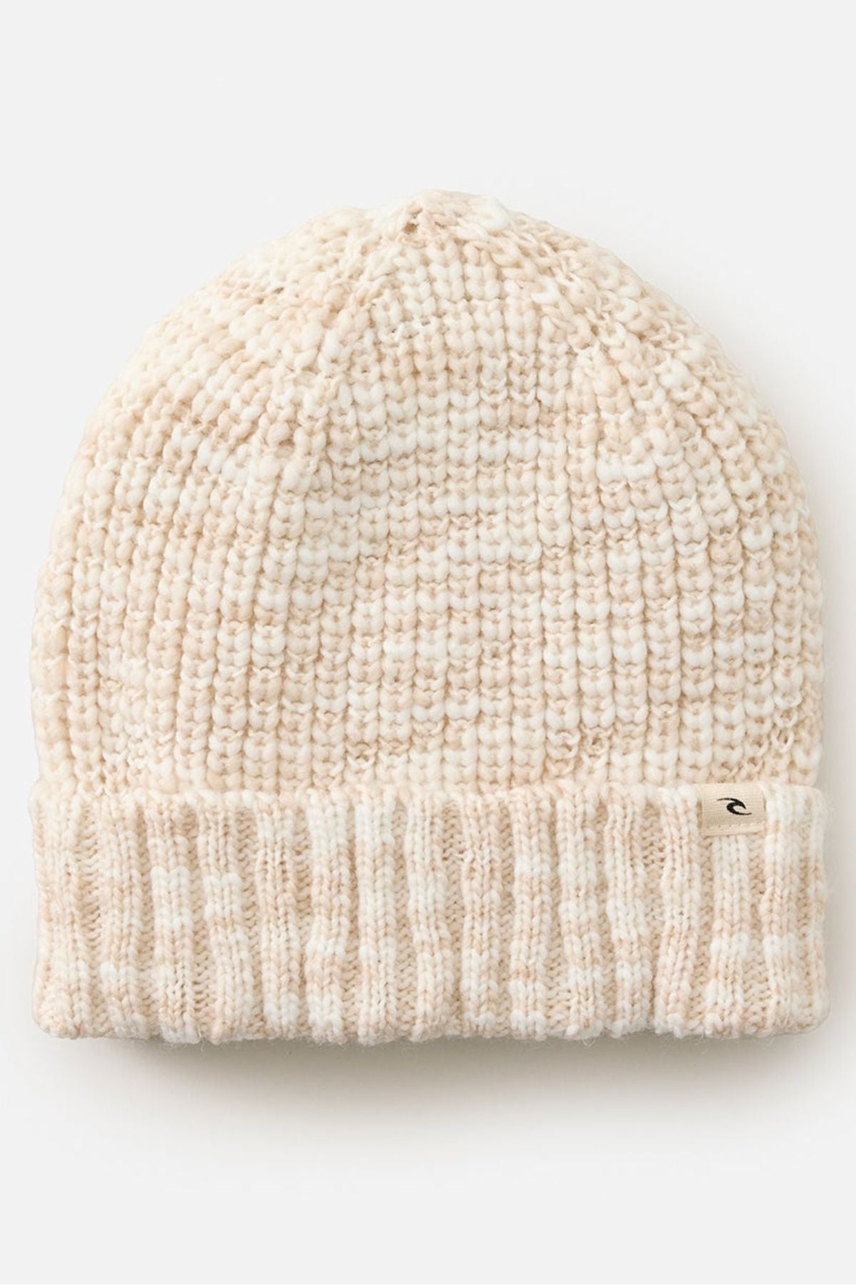 The Rip Curl Keep Sakes Reg Beanie, featuring cream and beige ribbed knit, a thick fold-over cuff, and a small metal tag on the brim, is shown against a plain white background—ideal for coastal adventures.