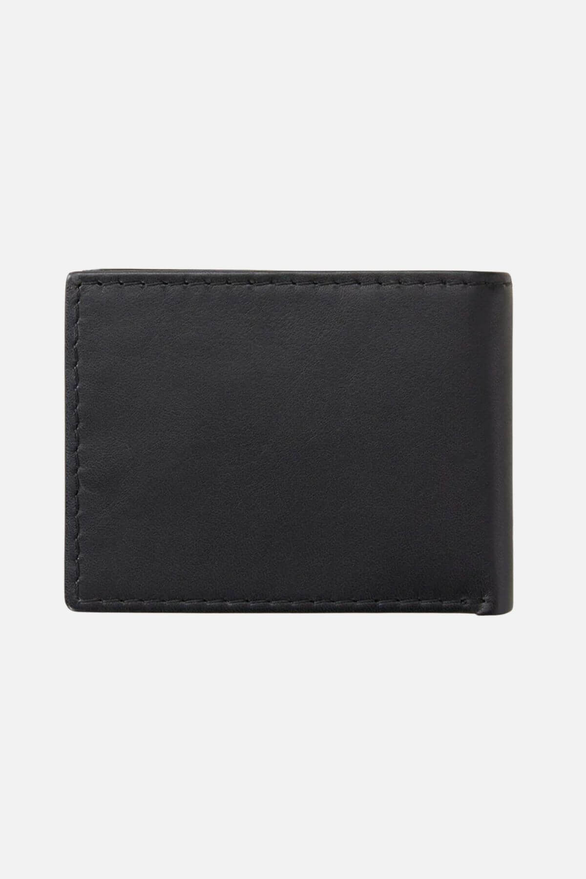 The Rip Curl Marked RFID All Day Wallet, crafted from black sheep nappa leather, is elegantly folded and showcased against a simple white background.