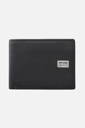 The Rip Curl Marked RFID All Day Wallet features sleek black sheep nappa leather with minimal design, a small metal plate reading "RIP CURL SURFING CO.", visible edge stitching showcasing craftsmanship, and RFID protection for enhanced security.