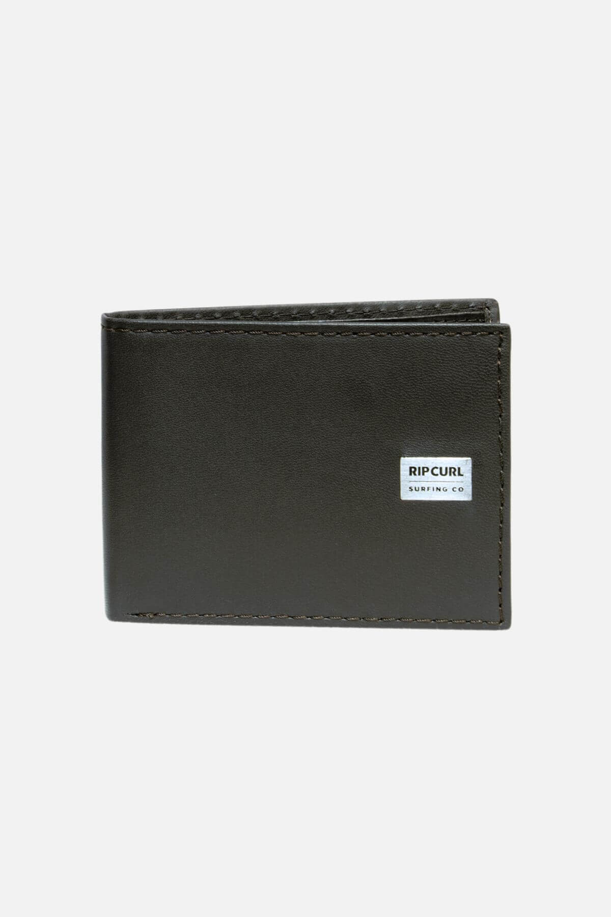 The Rip Curl Marked RFID All Day Wallet is a closed, dark brown Sheep Nappa leather wallet with visible stitching, RFID protection, and a small "RIP CURL Surfing Co." label on the front, shown against a plain white background.