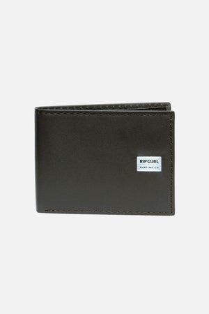 The Rip Curl Marked RFID All Day Wallet is a closed, dark brown Sheep Nappa leather wallet with visible stitching, RFID protection, and a small "RIP CURL Surfing Co." label on the front, shown against a plain white background.