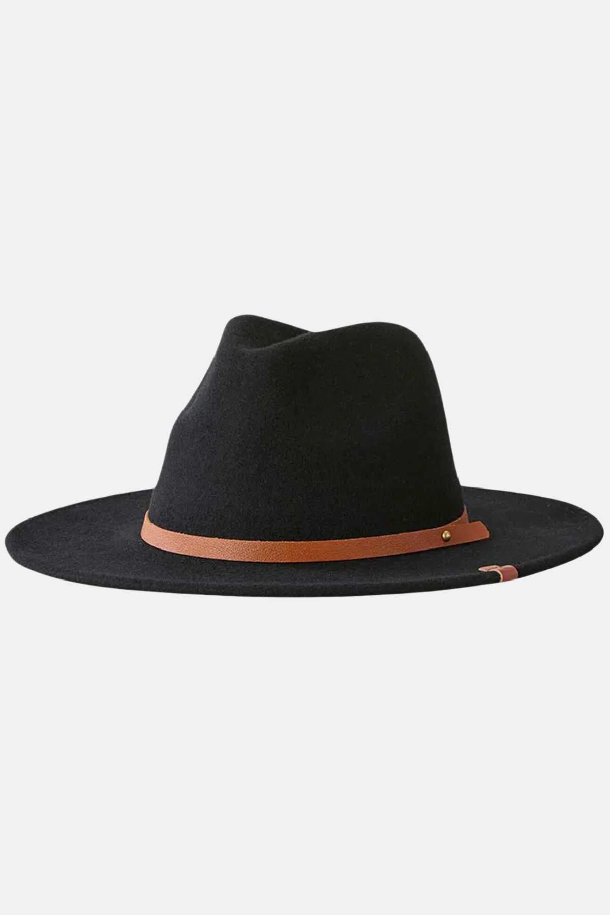 The Rip Curl Nevada Wool Panama is a wide-brimmed black wool felt fedora with a brown leather headband, featuring a small gold stud and a colorful fabric tag, on a plain white background.