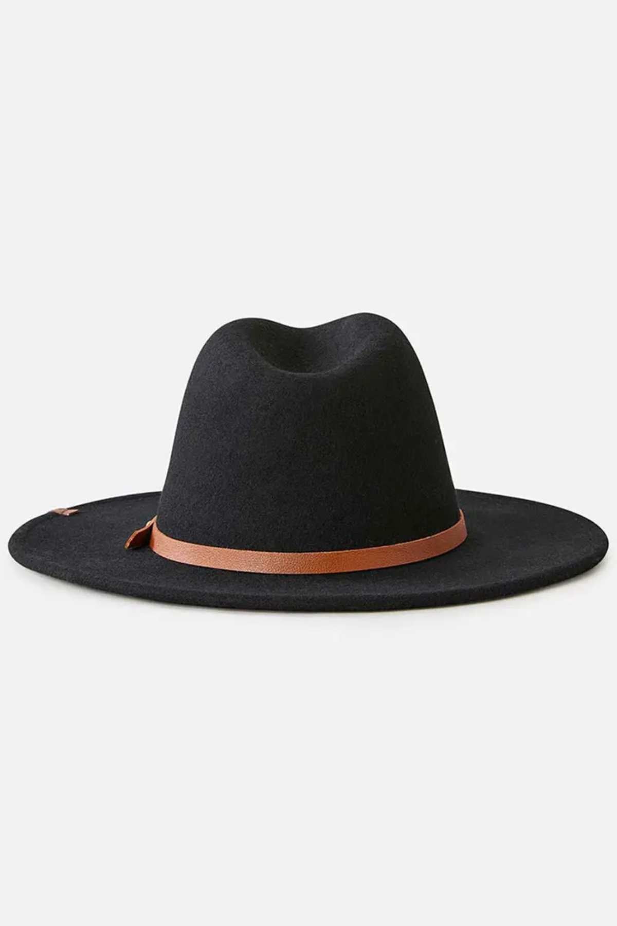 The Rip Curl Nevada Wool Panama is a black wide-brimmed hat with a brown leather headband and an elegantly indented crown, presented elegantly against a plain white background.