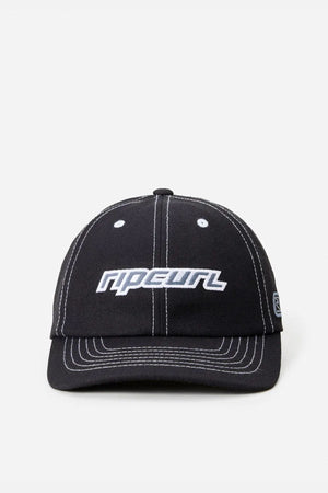 The Rip Curl Nu Dose Adj Cap is a black cotton twill cap with white stitching and "RIP CURL" embroidered in white on the front. This adjustable cap is shown on a plain light background.