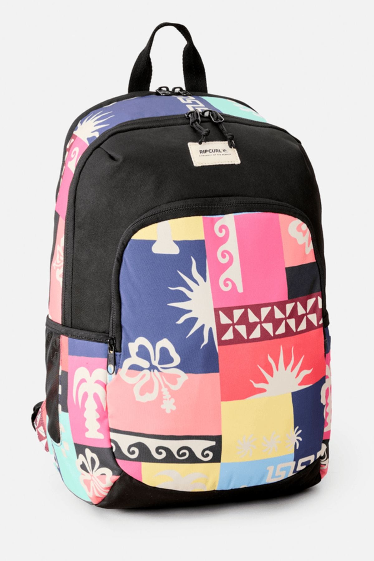 The Rip Curl Ozone 2.0 30L Backpack combines a black top and sides with vibrant pink, blue, yellow, white, and turquoise tropical patterns of flowers, suns, and shapes—blending style and function for any adventure.