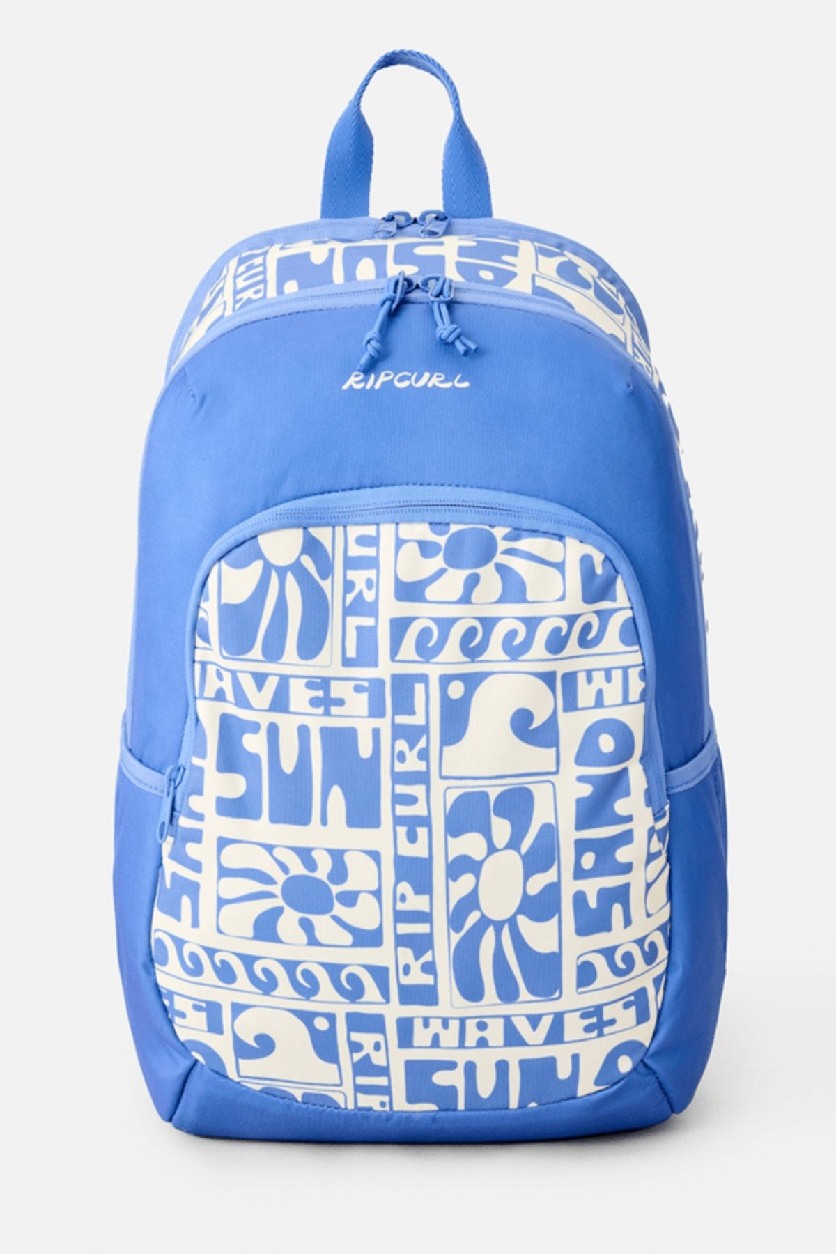 The Rip Curl Ozone 2.0 30L Backpack is blue with a white wave, sun, and "Rip Curl," "SUN," and "WAVES" graphic on the front pocket and top. This sustainable bag has a top handle and front zip pocket.