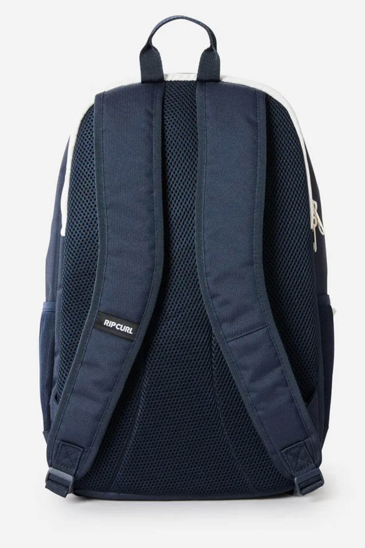 The Rip Curl Ozone 2.0 30L Backpack in navy blue is made from sustainable recycled polyester and features padded mesh shoulder straps, a top handle, side pockets, and a dedicated laptop section shown from the back.