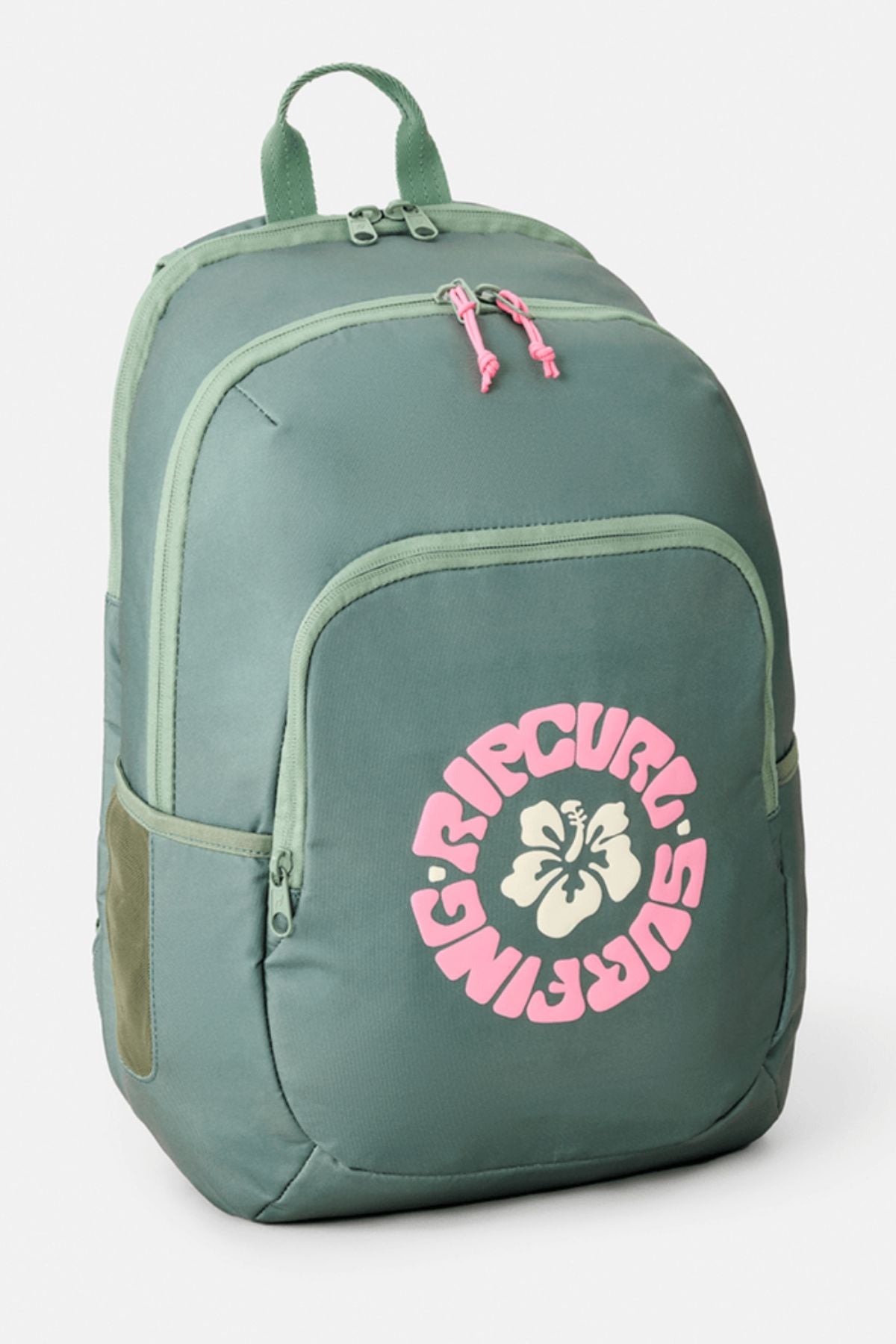 The Rip Curl Ozone 2.0 30L Backpack is green, with a pink zipper pull, a front pocket displaying a pink and white "Rip Curl Surfing" logo with hibiscus flowers, multiple compartments, and a top handle.