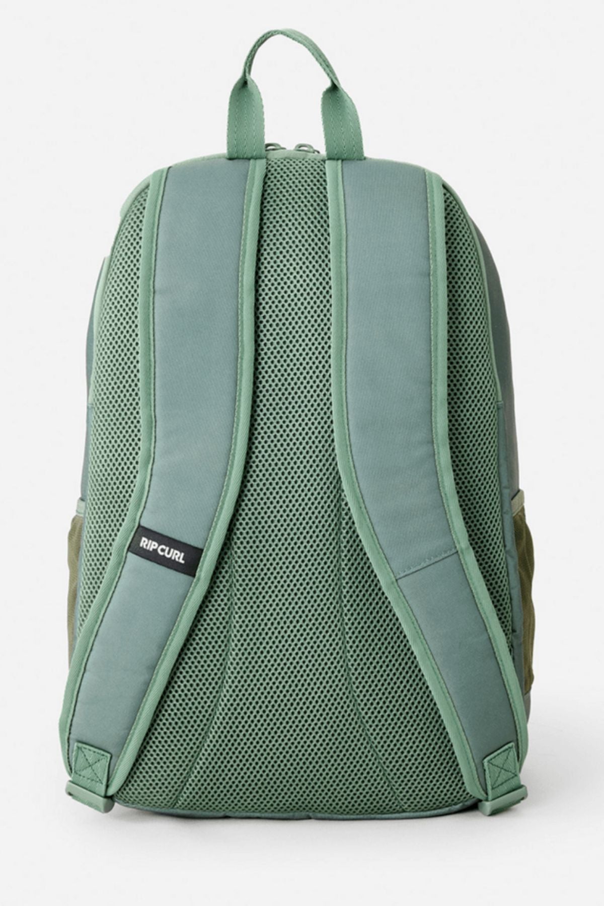 The Rip Curl Ozone 2.0 30L Backpack is shown from the back in green, with padded straps, a mesh back panel, and a small "Rip Curl" logo on the left strap, all set against a plain white background.