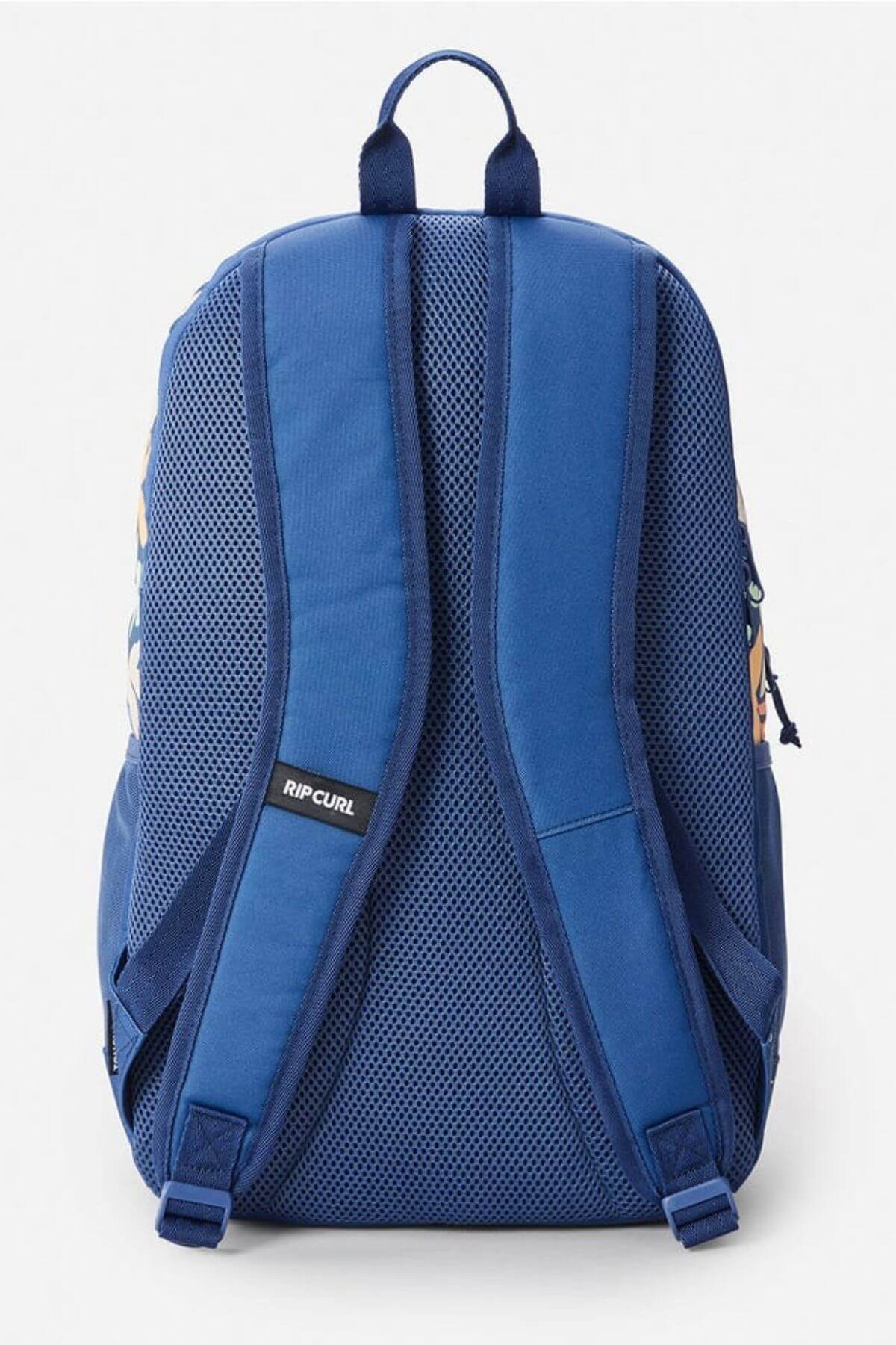 The Rip Curl Ozone 2.0 30L Backpack is shown from the back with padded mesh shoulder straps, a top handle, and a padded mesh back panel for comfort and breathability. This computer-compatible blue backpack is ideal for everyday use.