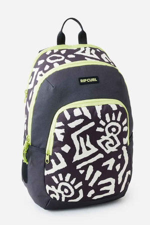 The Rip Curl Ozone 2.0 30L Backpack showcases a black base adorned with white abstract patterns of hands and arrows. It features lime green zippers and borders, made from durable polyester, and includes a top handle along with two comfortable shoulder straps.