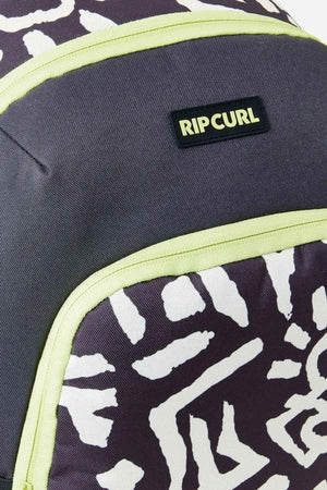 Close-up of the Rip Curl Ozone 2.0 30L Backpack showcasing its dark design with light abstract patterns and lime green trim. The brand's logo is prominently displayed on a black patch near the top, making this polyester backpack perfect for any journey.