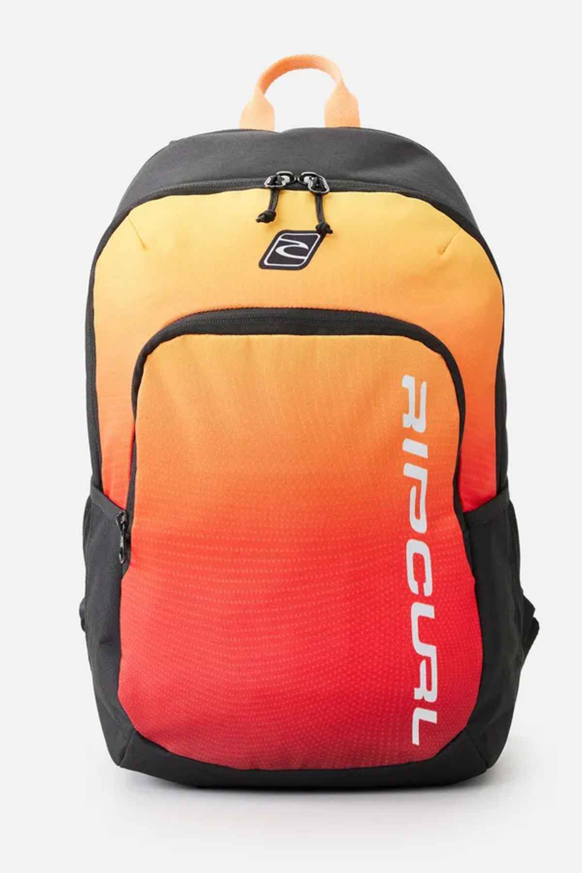 The Rip Curl Ozone 30L Back To School Backpack is ideal for starting the school year, boasting a striking gradient design that transitions from yellow to red. This backpack offers 30 liters of storage space, featuring a front pocket, side zippered compartments, and a convenient top handle. The brand's logo is presented vertically on the front for an iconic look.
